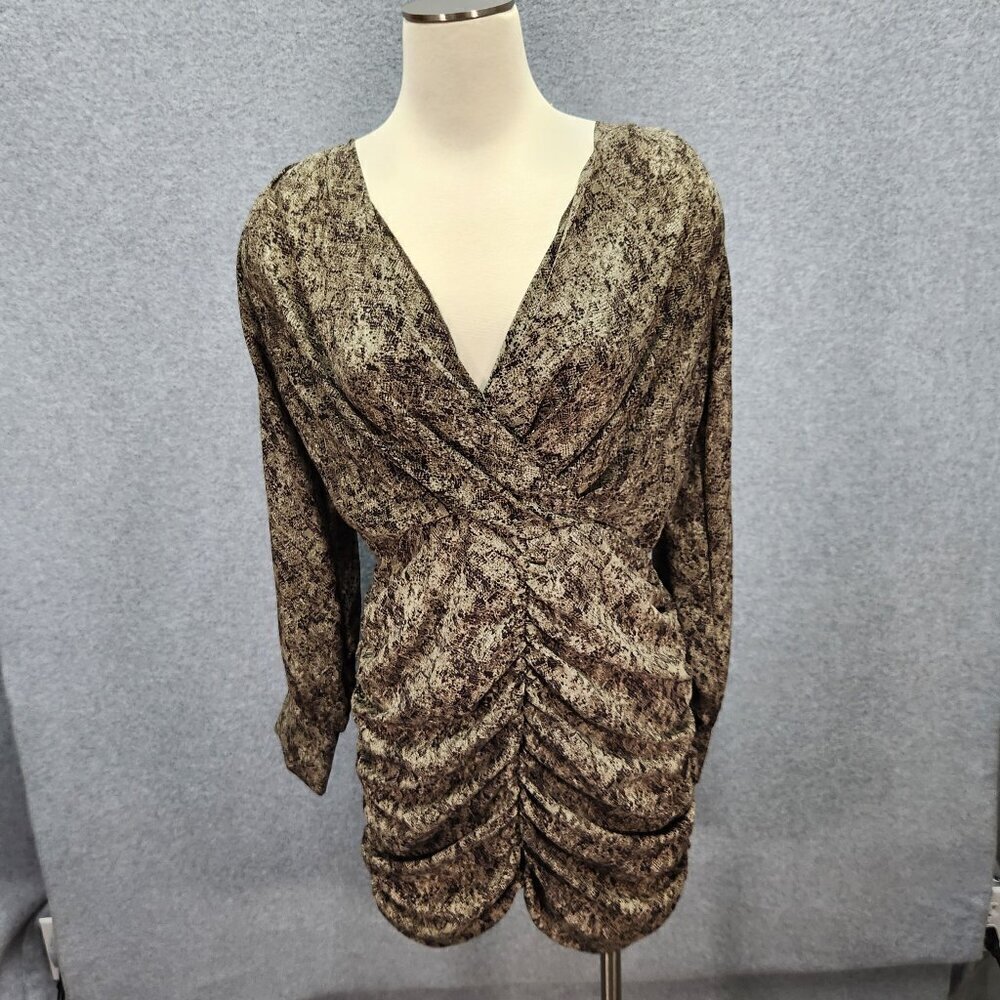 Forever 21 Snake Print Ruched Mini Dress With Long Sleeves & Back Zipper